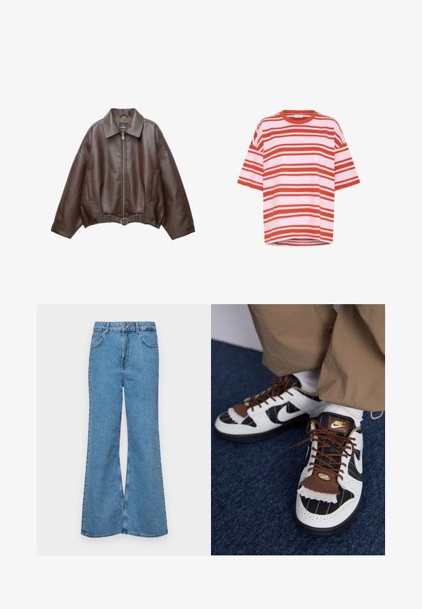 Barna műbőr rövid dzseki széles gallérral, elülső cipzárral, oldalzsebekkel és övvel szabott derékkal. Simább tapintású, laza szabású.; Piros és fehér csíkos, rövid ujjú póló, puha anyagból, laza fazonnal és kerek nyakkivágással, vízszintes csíkokkal.; Világoskék, trapézszárú farmernadrág, magas derékkal, öt zsebbel és egy gombos záródással. Puha tapintású, magasított effektusú anyag.; Nike sportcipő fehér, fekete és barna anyagokból készült. Jellemzője egy textúrált barna fedél, csíkos minta és hagyományos fűzés arany kiegészítőkkel.