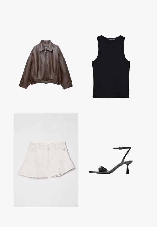 Hnedá krátka bunda z umelého kože s širokým golierom, predným zipsom, bočnými vreckami a opaskom v páse. Hladká textura, voľný strih.; Čierny tank top vyrobený z bavlny, s okrúhlym výstrihom a širokými ramienkami. Hladká textúra so zošitými okrajmi. Klasický, minimalistický dizajn.; Biely denim sukňa s priliehavým pásom a rozšíreným plisovaným lemom. Obsahuje predné vrecká a malý detail loga na páse.; Bershka Sandále na vysokom opätku - black