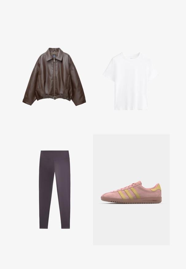 Jachetă scurtă maro din piele ecologică, cu guler lat, fermoar frontal, buzunare laterale și talie cu curea. Textură netedă, croială lejeră.; Tricou alb din bumbac, cu mâneci scurte, decolteu rotund, croială lejeră, textură netedă, fără modele sau accente, design simplu, stil versatil.; Leggings cu talie înaltă, de culoare mov închis, realizate dintr-un material neted și elastic. Au un design ajustat, cu o talie fără cusături și picioare conice.; Tenisi roz din suède cu trei dungi galbene, vârf rotunjit și talpă din cauciuc texturat. Design de profil redus cu un guler căptușit.