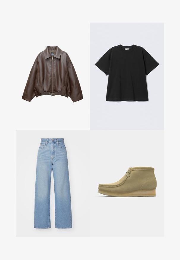 Brun kort jakke i imiteret læder med bred krave, lynlås foran, sidelommer og bælte i taljen. Glat tekstur, afslappet pasform.; Sort oversized t-shirt lavet af bomuld med rund halsudskæring og korte ærmer. Enkel design uden mønstre eller detaljer.; Lyseblå højtaljede bukser med bred benåbning, med frontknap og lynlås, samt for- og baglommer, på en hvid baggrund.; Beige ruskind ankelstøvler med rund tå, minimal syning, en lille hæl og snørebåndslukning for justerbar pasform.
