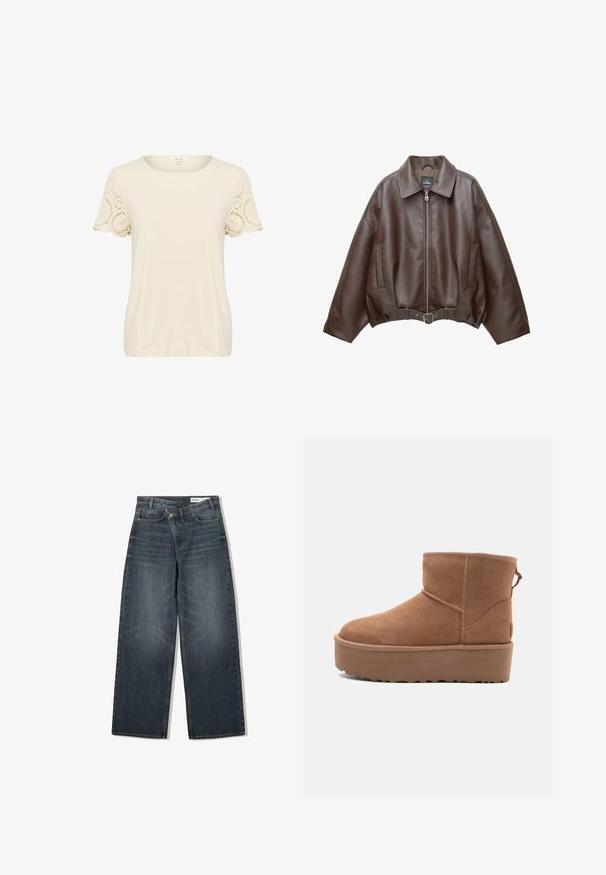 Braune, kurz geschnittene Jacke aus Kunstleder mit weitem Kragen, vorderem Reißverschluss, Seitentaschen und einem Taillengürtel. Glatte Textur, entspannte Passform.; Cremefarbendes T-Shirt mit rundem Halsausschnitt und kurzen Ärmeln. Die Ärmel weisen filigrane Spitzenverzierungen auf. Weicher, glatter Stoff und lockere Passform.; Dunkel waschjeans mit weitem Bein, hoher Taille, fünf Taschen und dezenten Abnutzungen an der Vorderseite.; Beige Wildleder-Ankle-Boot mit Plateausohle, abgerundetem Zehenbereich und abgesteppten Akzenten; verfügt über eine Zuglasche hinten für einfaches An- und Ausziehen.