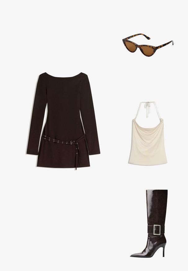 Bruine jack van imitatieleer, kort model, met een brede kraag, ritssluiting aan de voorkant, zijzakken en een tailleband met ceintuur. Gladde textuur, ontspannen pasvorm.; Beige haltertop met gedrapeerde voorkant, met een zachte textuur en kleine metalen accenten langs de halslijn. Vetersluiting aan de achterkant.; Zwarte jurk met lange mouwen en een brede halslijn, voorzien van een tailleriem met metalen oogjes en een gladde stofstructuur.; Donkerbruin leren kniebots met een spitse neus, stilettohak en een brede band met een grote rechthoekige zilveren gesp.; Cat-eye zonnebril met een zwart en oranje schildpadframe, bruine lenzen en slanke, puntige uiteinden. Bevat een minimalistisch logo op de poot.; Gouden handtas met gestructureerde stof, ronde metalen studs, een driehoekige logo-plaat en een kettinghengsel met ronde metalen oogjes.