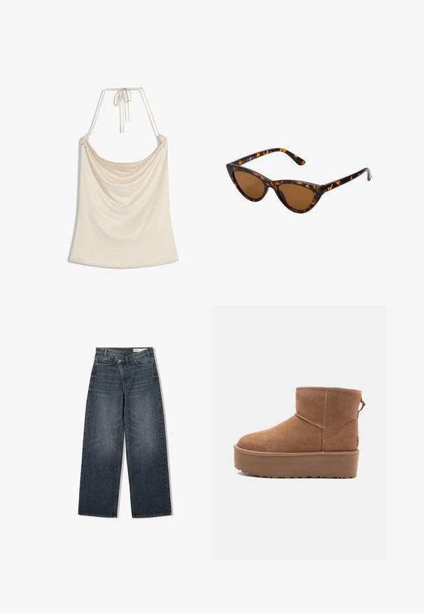 Ruskea tekonahkainen lyhyt takki, jossa leveä kaulus, edessä vetoketju, sivutaskut ja vyötäröllä vyö. Sileä pinta, rento istuvuus.; Beige halterneck-top dengan bagian depan yang dilipat, menampilkan tekstur yang halus dan aksen metalik kecil di sepanjang garis lehernya. Mengikat di bagian belakang.; Tummanpesun farkut, joissa on leveä lahje, korkea vyötärö, viisi taskua ja hienovarainen kulutusvaikutus etupuolella.; Tan suede nilonini kidogo chukua na sahani ya jukwaa, mguu wenye umbo la duara, na mapambo ya kushona; inajumuisha kipande cha kubana nyuma kwa kuvaa kwa urahisi.; Kattöga solglasögon med en svart och orange sköldpaddsmönstrad båge, bruna linser och slanka, spetsiga spetsar. Har en minimal logotyp på skalmen.