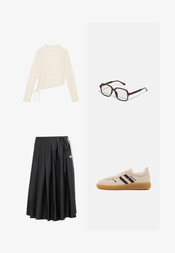 Brown faux leather cropped jacket with a wide collar, front zipper, side pockets, and a belted waist. Smooth texture, relaxed fit.; Cream long-sleeve top, featuring a floral lace pattern, high neck, and a side tie detail for adjustable fit. Soft texture and lightweight fabric.; Black midi skirt with elastic waistband, side tie, white stripes, and Adidas trefoil logo on the right side.; Beige suede sneaker with black stripes and "Spezial" text, features a textured gum rubber sole and classic lace-up design.; Brown, rectangular eyeglasses with transparent lenses and purple tints. Smooth plastic frame with straight temples and subtle accents.; Pink faux leather crossbody bag with a triangular logo, adjustable strap, and gold-tone hardware. Features a textured surface and sleek design.