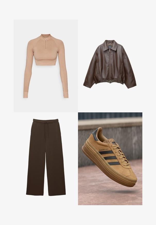 Braune, kurz geschnittene Jacke aus Kunstleder mit weitem Kragen, vorderem Reißverschluss, Seitentaschen und einem Taillengürtel. Glatte Textur, entspannte Passform.; Langarm-Crop-Top in hellbeige mit strukturiertem Diamantmuster, Viertelreißverschluss und enganliegenden Ärmeln mit gerippten Bündchen.; Braune Weitbein-Hose aus weichem Material mit einem elastischen Bund und Kordelzug für eine verstellbare Passform.; Beige Wildledersneaker mit glatter Oberfläche, drei dunklen Streifen, abgerundetem Zehenbereich und einer dickeren Sohle mit strukturiertem Rand.