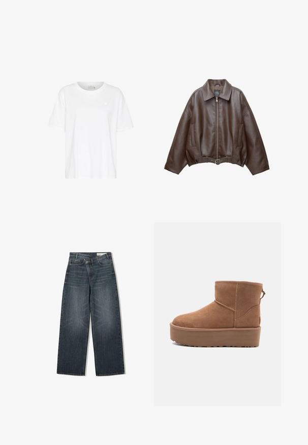 Giacca corta in pelle ecologica marrone con ampio colletto, cerniera frontale, tasche laterali e cintura in vita. Texture liscia, vestibilità comoda.; T-shirt bianco in cotone con una vestibilità rilassata, maniche corte, collo rotondo e piccolo logo a forma di cuore nella parte sinistra del petto. Tessuto liscio.; Jeans in denim scuro con un design a gamba larga, caratterizzati da una vita alta, cinque tasche e leggere sfumature di usura nella parte anteriore.; Stivale alla caviglia in suede beige con suola platform, punta rotonda e dettagli di cucitura; presenta un inserto sul retro per una facile calzata.