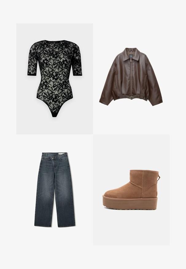 Braune, kurz geschnittene Jacke aus Kunstleder mit weitem Kragen, vorderem Reißverschluss, Seitentaschen und einem Taillengürtel. Glatte Textur, entspannte Passform.; Schwarzer Spitzen-Body mit kurzen Ärmeln, floralem Muster, gewellten Kanten und transparentem Stoff. Der Body hat einen hochgeschnittenen Beinausschnitt und einen runden Ausschnitt.; Dunkel waschjeans mit weitem Bein, hoher Taille, fünf Taschen und dezenten Abnutzungen an der Vorderseite.; Beige Wildleder-Ankle-Boot mit Plateausohle, abgerundetem Zehenbereich und abgesteppten Akzenten; verfügt über eine Zuglasche hinten für einfaches An- und Ausziehen.