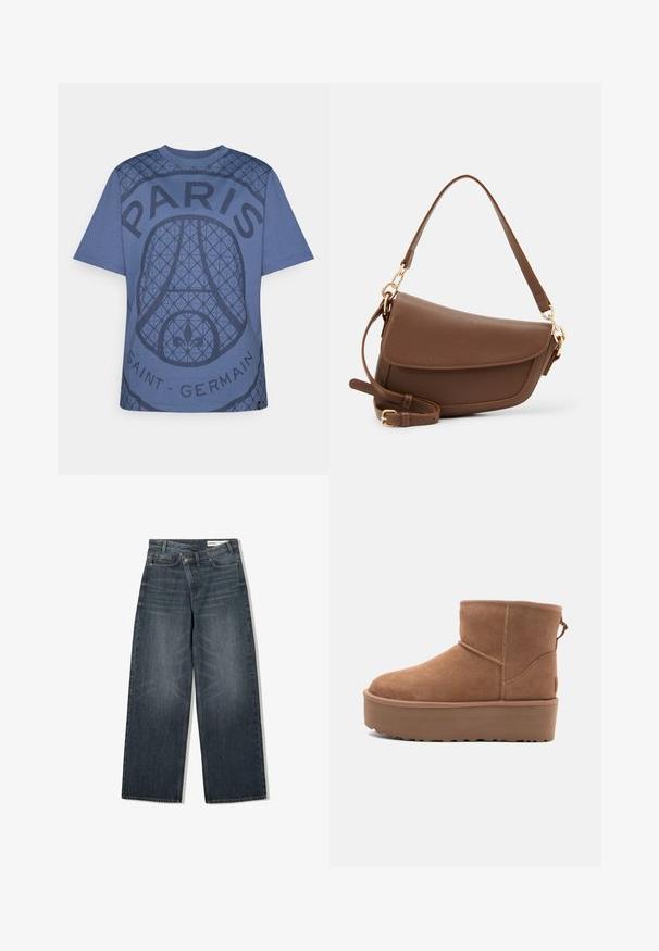 Veste courte en similicuir marron avec un large col, une fermeture éclair frontale, des poches latérales et une taille ceinturée. Texture lisse, coupe décontractée.; T-shirt en coton bleu avec un design graphique texturé comportant le texte "PARIS" et "SAINT-GERMAIN", col rond et manches courtes.; Jean en denim foncé avec une coupe large, doté d'une taille haute, de cinq poches et d'un léger délavage sur le devant.; Bottine en suède tan avec une semelle plate-forme, un bout arrondi et des accents de couture ; elle est dotée d'une languette à l'arrière pour un enfilage facile.; Sac à épaule en cuir marron avec une finition texturée, forme courbée, quincaillerie dorée, bandoulière réglable et fermeture à rabat.