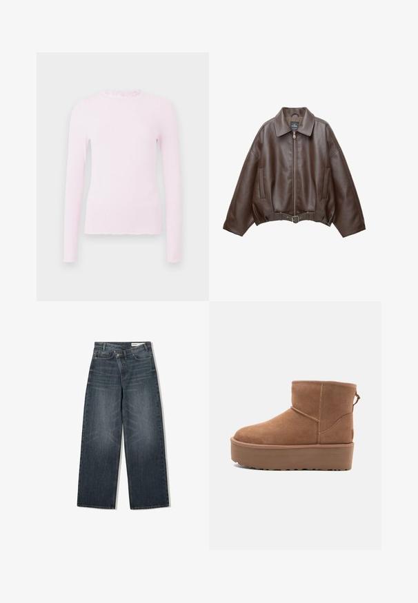 Rjava umetna usnjena krajšna jakna z širokim ovratnikom, zadrgo spredaj, stranskimi žepi in pasom v pasu. Gladek tekstura, sproščen kroj.; Roza dolg rokav top iz rebraste teksture, ki ima nabran ovratnik in prilegan kroj z raztrgano podrobnostjo na robu.; Temneje prane kavbojke širokega kroja, z visokim pasom, petimi žepi in subtilnim brušenjem spredaj.; Bela antilopova gležnjača s platformom, okruglim vrhom i dekorativnim šavovima; ima uvučenu petlju straga za lakše oblačenje.