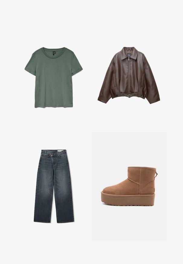 Brun kort jacka i konstläder med bred krage, dragkedja fram, sidofickor och skärp i midjan. Mjuk yta, avslappnad passform.; Grön kortärmad t-shirt med rund halsringning och en mjuk, slät textur. Har en avslappnad passform och en rak skärning i nederkant.; Mörk tvättade denimjeans med vida ben, hög midja, fem fickor och subtila slitningar framtill.; Tan mockasköna med plattformssula, rund tå och broderade detaljer; har en dragflik baktill för enkel påtagning.