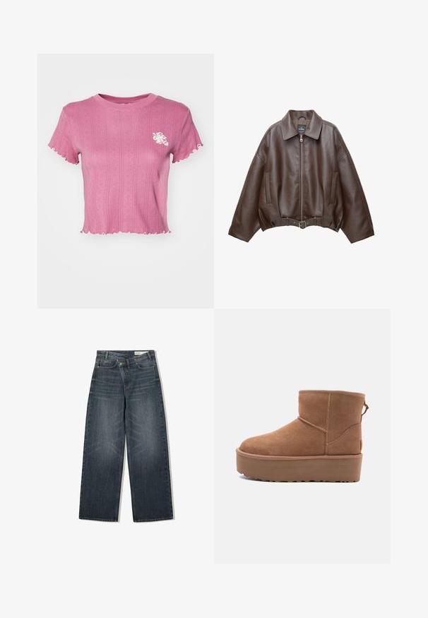 Ruskea tekonahkainen lyhyt takki, jossa leveä kaulus, edessä vetoketju, sivutaskut ja vyötäröllä vyö. Sileä pinta, rento istuvuus.; Vaaleanpunainen lyhythihainen t-paita, jossa on ribbitekstuuri ja halkoitetut reunat. Vasemmassa rinnassa valkoinen kukkakirjonta. Kevyt kangas.; Tummanpesun farkut, joissa on leveä lahje, korkea vyötärö, viisi taskua ja hienovarainen kulutusvaikutus etupuolella.; Tan suede nilonini kidogo chukua na sahani ya jukwaa, mguu wenye umbo la duara, na mapambo ya kushona; inajumuisha kipande cha kubana nyuma kwa kuvaa kwa urahisi.