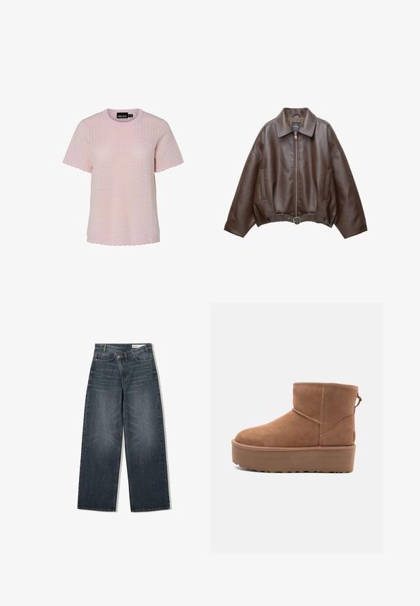 Brun kort jakke i imiteret læder med bred krave, lynlås foran, sidelommer og bælte i taljen. Glat tekstur, afslappet pasform.; Lyserød strikket t-shirt med rund halsudskæring, korte bølget ærmer og struktureret mønster hele vejen igennem. Mærket er synligt ved halsen.; Mørk vaskede denim jeans med en bred benudskæring, der har høj talje, fem lommer og diskrete slidser på forsiden.; Tan ruskinds ankelstøvle med platformssål, rund tå og syninger; har en løkke bagpå for nem påtagning.