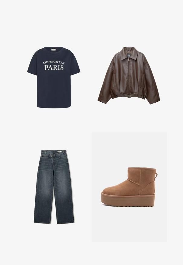Brun kort jakke i imiteret læder med bred krave, lynlås foran, sidelommer og bælte i taljen. Glat tekstur, afslappet pasform.; Marineblå bomulds t-shirt med rund halsudskæring og korte ærmer, med hvid tekst "MIDNIGHT IN PARIS" på forsiden.; Mørk vaskede denim jeans med en bred benudskæring, der har høj talje, fem lommer og diskrete slidser på forsiden.; Tan ruskinds ankelstøvle med platformssål, rund tå og syninger; har en løkke bagpå for nem påtagning.
