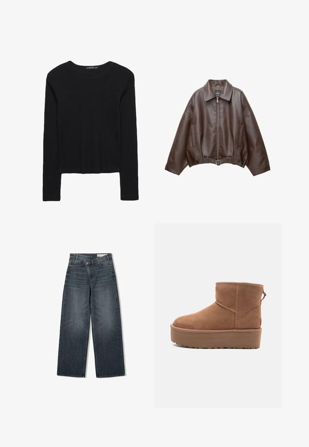 Braune, kurz geschnittene Jacke aus Kunstleder mit weitem Kragen, vorderem Reißverschluss, Seitentaschen und einem Taillengürtel. Glatte Textur, entspannte Passform.; Schwarzes langärmliges Oberteil aus strukturiertem Stoff. Mit runder Halslinie und cropped Design mit schmalen Ärmeln. Keine sichtbaren Muster.; Dunkel waschjeans mit weitem Bein, hoher Taille, fünf Taschen und dezenten Abnutzungen an der Vorderseite.; Beige Wildleder-Ankle-Boot mit Plateausohle, abgerundetem Zehenbereich und abgesteppten Akzenten; verfügt über eine Zuglasche hinten für einfaches An- und Ausziehen.