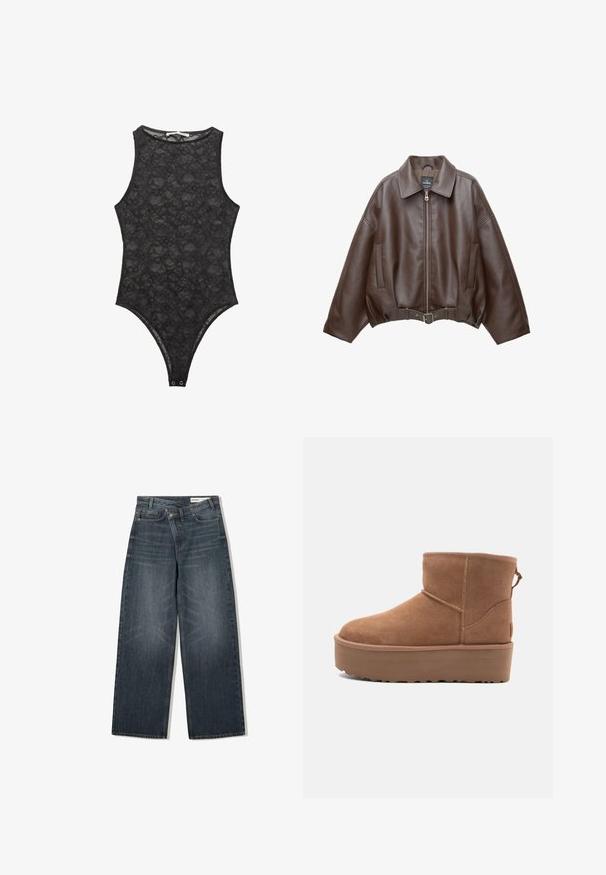 Barna műbőr rövid dzseki széles gallérral, elülső cipzárral, oldalzsebekkel és övvel szabott derékkal. Simább tapintású, laza szabású.; Fekete csipke body, magas nyakkivágással, ujjatlan dizájnnal és patentos zárással az alján. Finom virágmintázattal.; Sötét mosású farmernadrág, széles lábakkal, magas derékkal, öt zsebbel és finom kopásnyomokkal az elején.; Barna suede bokacsizma platform talppal, lekerekített orral és varrás részletekkel; a hátsó részen húzófül található a könnyű felhúzás érdekében.