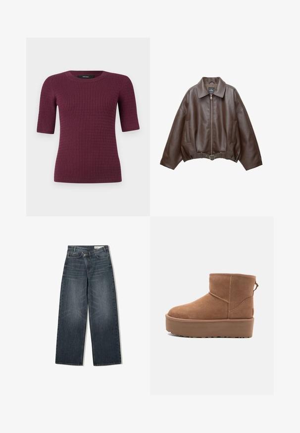 Hnědá krátká bunda z umělé kůže se širokým límcem, předním zipem, bočními kapsami a páskem v pase. Hladká textura, volný střih.; Tričko s krátkým rukávem v tmavě vínové barvě, s ribbovanou strukturou a kulatým výstřihem. Vyrobeno z měkké tkaniny, navrženo pro pohodlí a přizpůsobení.; Tmavě modré džíny s širokými nohavicemi, vysokým pasem, pěti kapsami a decentním omykáním vpředu.; Hnědé semišové kotníkové boty s platformou, zaoblenou špičkou a prošíváním; mají poutko vzadu pro snadné obouvání.