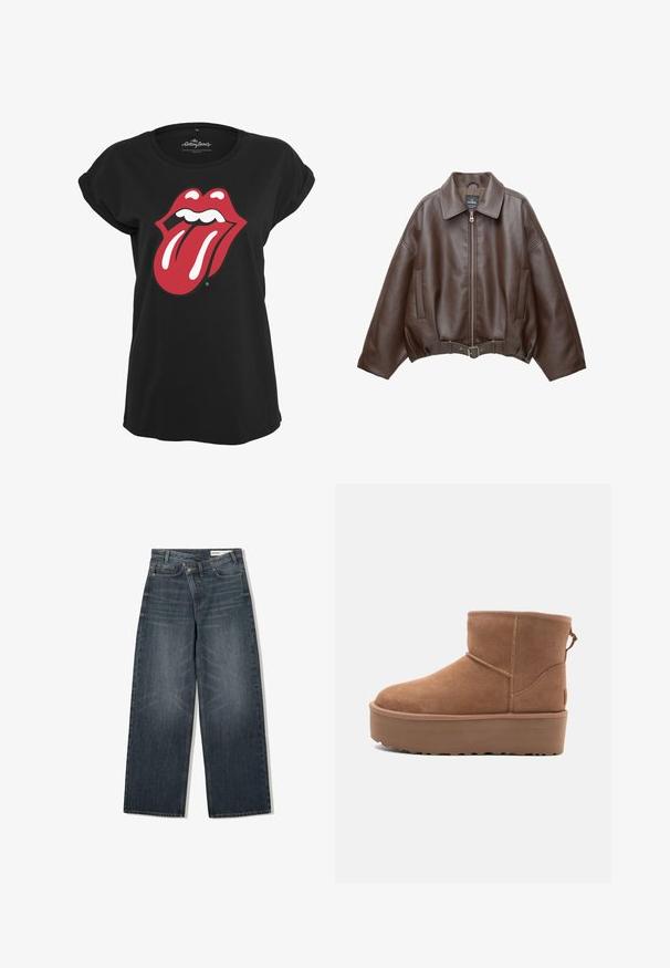 Kavaj s ošišanim donjim dijelom od smeđe umjetne kože s širokim ovratnikom, prednjim patentnim zatvaračem, bočnim džepovima i remenom u struku. Glatka tekstura, udoban kroj.; Crna majica koja je izrađena od pamuka, na prednjoj strani sadrži crvenu i bijelu grafiku logotipa Rolling Stones-a u obliku usana i jezika. Okrugli izrez.; Tamno pranje traperice s širokim nogavicama, visokim strukom, pet džepova i suptilnim batikiranjem na prednjem dijelu.; Svijetlosmeđi antilop čizmice do članka s platformom, okruglim vrhom i ukrasnim šavovima; ima petnu traku za lakše obuvanje.