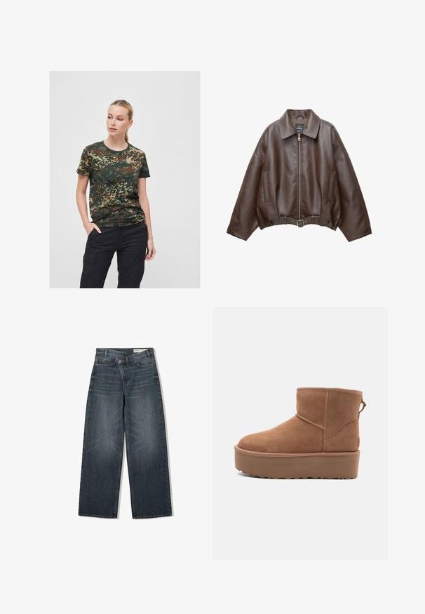 Hnědá krátká bunda z umělé kůže se širokým límcem, předním zipem, bočními kapsami a páskem v pase. Hladká textura, volný střih.; Maskovací tričko se vzorem v zelené, hnědé a béžové barvě, kulatý výstřih, krátké rukávy a volný střih. Nosené s černými cargo kalhotami.; Tmavě modré džíny s širokými nohavicemi, vysokým pasem, pěti kapsami a decentním omykáním vpředu.; Hnědé semišové kotníkové boty s platformou, zaoblenou špičkou a prošíváním; mají poutko vzadu pro snadné obouvání.