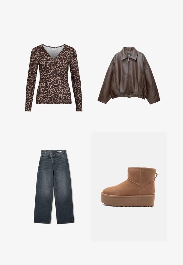 Hnedá krátka bunda z umelého kože s širokým golierom, predným zipsom, bočnými vreckami a opaskom v páse. Hladká textura, voľný strih.; Dlhý rukáv top s leopardím vzorom a výstrihom do V, s nariasením v strede, vyrobený z mäkkého, elastického materiálu.; Tmavé denimové džínsy s širokým strihom, s vysokým pásom, piatimi vreckami a jemným žmurkaním na prednej strane.; Hnedé semišové členkové čižmy s platformou, okrúhlou špičkou a zdobením stehov; majú slučku zozadu pre jednoduché obúvanie.