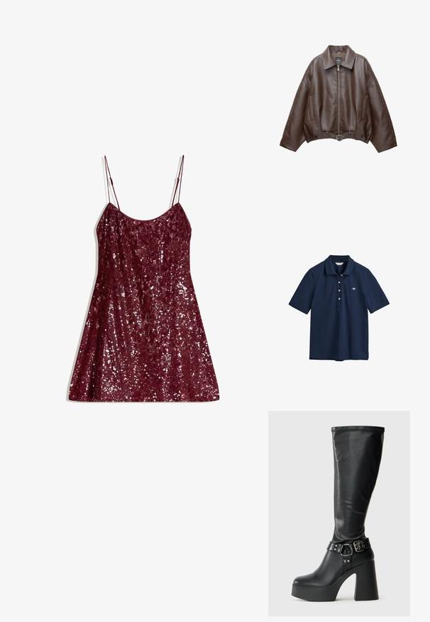 Braune, kurz geschnittene Jacke aus Kunstleder mit weitem Kragen, vorderem Reißverschluss, Seitentaschen und einem Taillengürtel. Glatte Textur, entspannte Passform.; Navyblaues Polohemd aus Baumwolle mit klassischem Kragen, drei Knöpfen und kleinem Logo auf der Brust gestickt.; Burgunderfarbenes Paillettenkleid mit dünnen, verstellbaren Trägern, A-Linie-Form und glänzender Textur, das mit einer vollständigen Paillettenbedeckung für Funkeln ausgestattet ist.; Schwarze kniehohe Plateau-Stiefel mit glänzender Oberfläche, ausgestattet mit einem breiten Blockabsatz und einem Akzent in Form eines Schnallenriemens am Knöchel.; Schwarze halbmondförmige Handtasche mit buntem Blumenmuster und geknoteten Griffen, die ein kleines metallisches Logo auf der rechten Unterseite trägt.