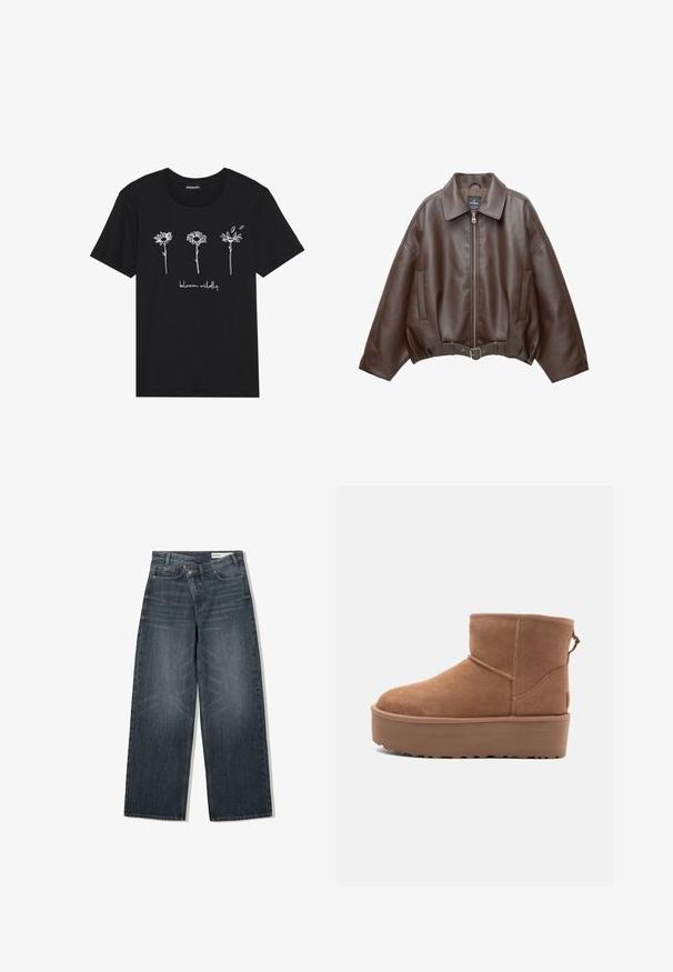 Hnedá krátka bunda z umelého kože s širokým golierom, predným zipsom, bočnými vreckami a opaskom v páse. Hladká textura, voľný strih.; Čierne bavlnené tričko s bielymi líniovými kresbami troch kvetov a nápisom "rozvíjaj sa divoko" pod nimi. Okrúhly výstrih a krátke rukávy.; Tmavé denimové džínsy s širokým strihom, s vysokým pásom, piatimi vreckami a jemným žmurkaním na prednej strane.; Hnedé semišové členkové čižmy s platformou, okrúhlou špičkou a zdobením stehov; majú slučku zozadu pre jednoduché obúvanie.