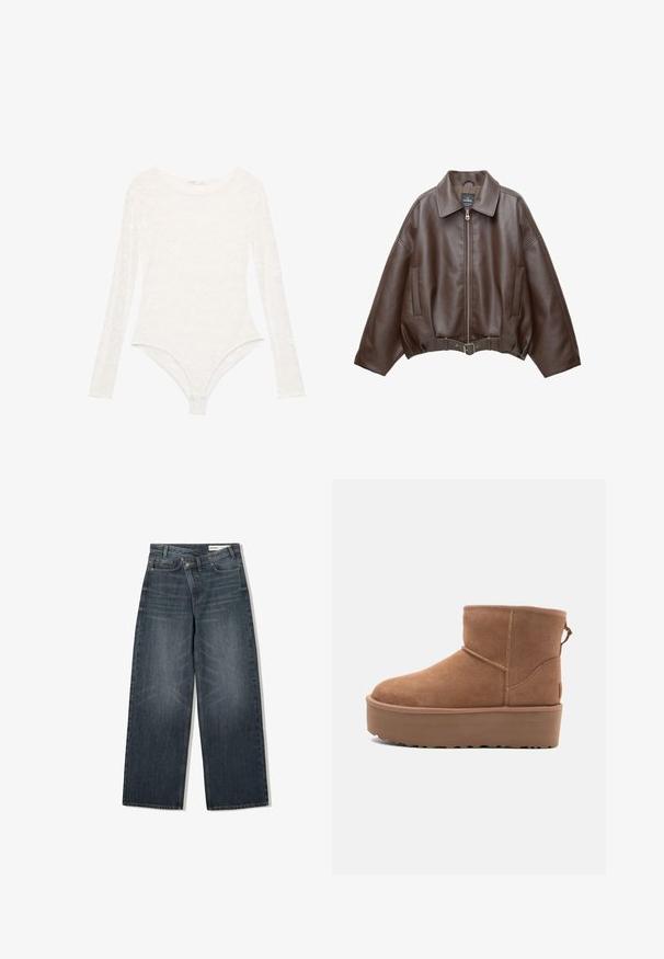 Ruskea tekonahkainen lyhyt takki, jossa leveä kaulus, edessä vetoketju, sivutaskut ja vyötäröllä vyö. Sileä pinta, rento istuvuus.; Valkoisesta pitsistä valmistettu pitkähiha bodysuit, jossa on pyöreä kaula-aukko ja vartalonmyötäinen siluetti. Tässä bodysuitissa on kukkakuvio ja siinä on stringimäinen alaosa.; Tummanpesun farkut, joissa on leveä lahje, korkea vyötärö, viisi taskua ja hienovarainen kulutusvaikutus etupuolella.; Tan suede nilonini kidogo chukua na sahani ya jukwaa, mguu wenye umbo la duara, na mapambo ya kushona; inajumuisha kipande cha kubana nyuma kwa kuvaa kwa urahisi.