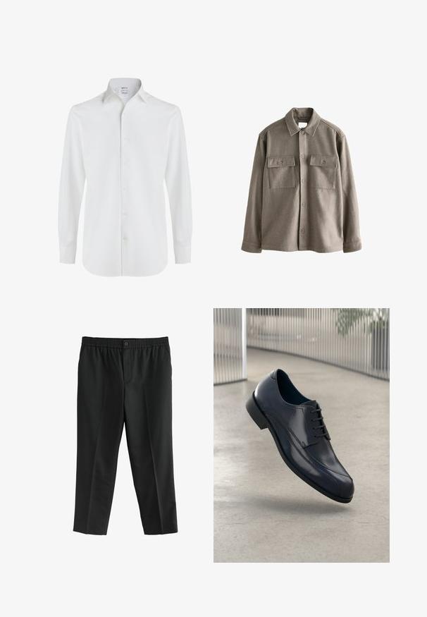 Srajca na gumb v mehkem, umirjenem rjavem volnenem materialu z dolgimi rokavi, dvema žepoma na prsih in klasičnim ovratnikom. Gladka tekstura s nekoliko sproščenim krojem.; Bela srajca z dolgimi rokavi iz gladkega bombaža, ki ima klasičen ovratnik, sprednje zapiranje na gumb in zaobljen rob z zaprtimi manšetami.; Črne hlače iz tkanine z elastičnim pasom in enim gumbom. Ravnine kroj brez vidnih žepov.; Svetleče črne usnjene čevlje za obleko z vezalkami, ki lebdi nad gladko, svetlo sivo tlemi ter vertikalnimi kovinskimi palicami v ozadju.