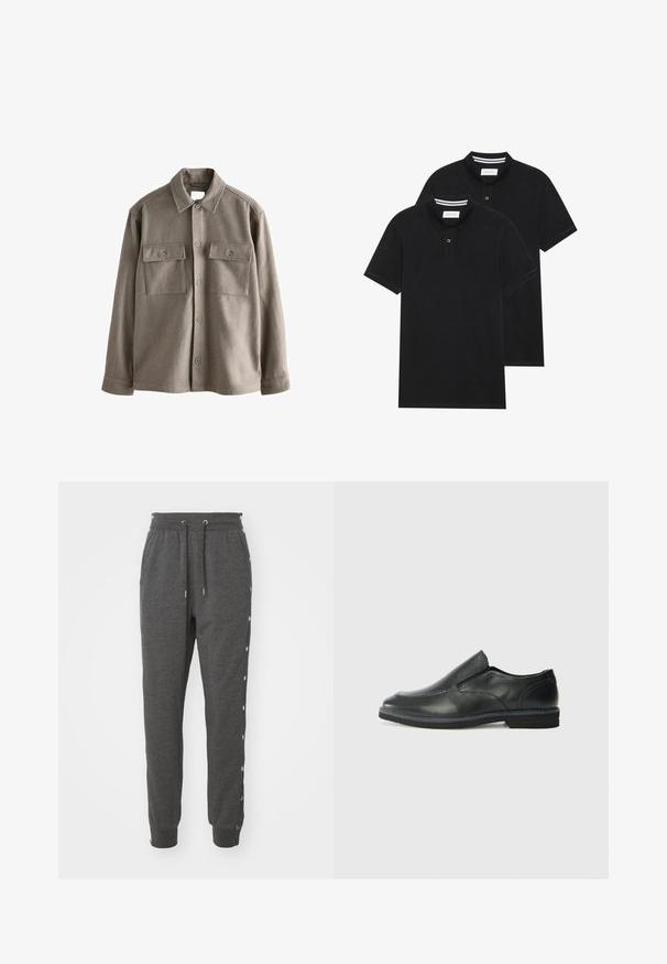 Klasikinės apykaklės priekinė mygtukų užsegimo marškiniai, pagaminti iš minkštos, neryškios rudos vilnos, su ilgomis rankovėmis ir dviem krūtinės kišenėmis. Lygus paviršius, šiek tiek laisvesnis kirpimas.; Du žaidimų juodos polo marškiniai, trumpomis rankovėmis, pagaminti iš medvilnės, su klasikinėmis apykaklėmis, dviem mygtukais priekyje ir baltais dryžiais apykaklės viduje.; Šviesiai pilki sportiniai džinsai, pagaminti iš minkštos medžiagos, su prisiūta švarko juosta, kulkšnų raišteliais ir spaudėmis šonuose, kad būtų lengva juos užsidegti.; Juodai odiniai įtvirtinimo batai su lygiu paviršiumi, siuvinėjimo akcentais, apvalia nosimi ir žemu guminiu kulnu. Pado raštas minimalus.