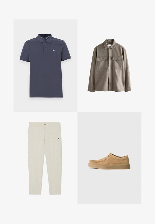 Knopenhemd in zacht, gedempt bruin wol met lange mouwen, twee borstzakken en een klassieke kraag. Soepele textuur met een iets ontspannen pasvorm.; Marineblauwe poloshirt van een katoenmix met een knoopsluiting met twee knopen, korte mouwen en een klein geborduurd logo op de linkerborst.; Lichtbeige op maat gemaakte broek met subtiele textuur, voorzien van een knoopsluiting en een geborduurd donker embleem nabij de zak.; Suède veterschoenen in lichtbruin met een ronde neus, gestikte details en een platte rubberen zool, met een gladde textuur.