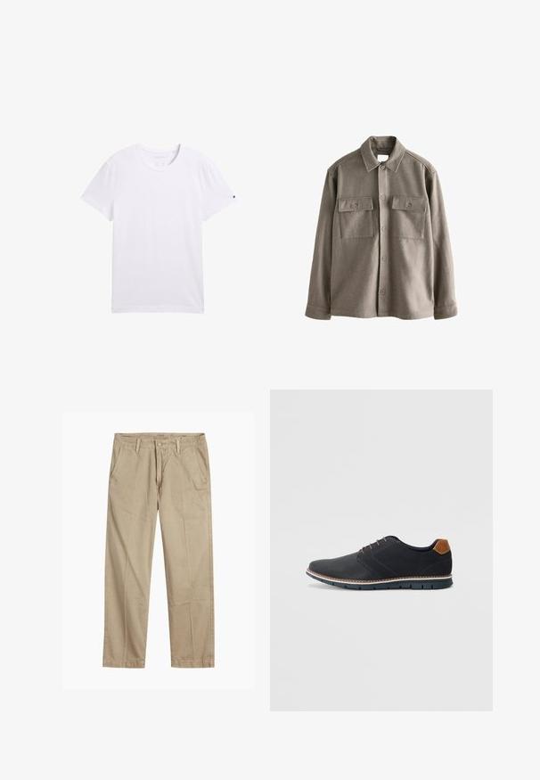 Knopenhemd in zacht, gedempt bruin wol met lange mouwen, twee borstzakken en een klassieke kraag. Soepele textuur met een iets ontspannen pasvorm.; Witte katoenen T-shirt, ronde hals, korte mouwen, zachte textuur, geen patronen. Heeft een klein logo op de linkermouw.; Beige rechte pijpen chinos met riemlussen, voorkant met knoop en rits sluiting, en schuine voorzakken.; Zwarte synthetische schoenen met een gestructureerde bovenkant, gladde accenten, bruine hak en een contrasterende zool. Bevat minimale veters en stikdetails.