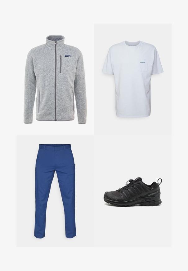 Casaco de polar cinzento com gola alta, fecho éclair completo, bolsos laterais e um bolso no peito. Apresenta um tecido texturizado e realces contrastantes.; T-shirt de algodão branco com mangas curtas, gola redonda e um bolso no lado esquerdo do peito com o logótipo azul "Patagonia". Ajuste clássico com uma textura suave.; Calças azuis feitas de um tecido suave, com corte reto, duas bolsos laterais e passadores para cinto. Sem padrões visíveis ou detalhes em metal.; Sapatilha atlética preta com um cabedal sintético texturizado, sola acolchoada e um sistema de atilhos rápido. Possui biqueira e calcanhar reforçados.