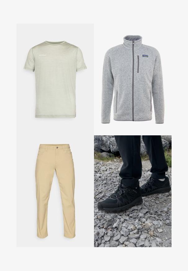 Gray fleece jacket with a high collar, full zipper, side pockets, and a chest pocket. Features textured fabric and contrasting accents.; Light green short-sleeve t-shirt made of soft fabric. Features a crew neck and “MAMMUT” logo printed in white on the chest.; Patagonia QUANDARY PANTS - Outdoor trousers - classic tan; Black outdoor shoes with mesh and synthetic material, featuring a textured upper, secured lacing system, and a rugged outsole, on rocky terrain.