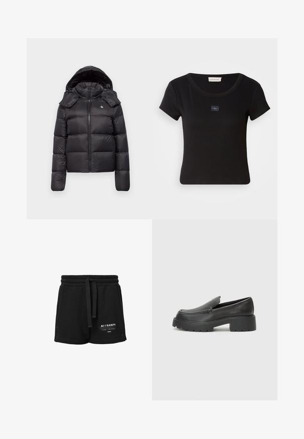 Doudoune noire avec capuche, dotée d'une fermeture éclair, d'un design matelassé et d'un logo sur la poitrine. Matière douce et brillante avec des manches longues.; T-shirt noir à manches courtes avec une texture côtelée, présentant un petit patch logo sur la poitrine et un col arrondi.; Shorts en coton noir avec une taille élastique, cordon de serrage, détail logo blanc et accents à pression sur les côtés. Texture lisse, design décontracté.; Mocassins en cuir noir avec un bout arrondi, une semelle épaisse et texturée, et des détails de couture minimalistes. Design épuré sans lacets ni métal visibles.