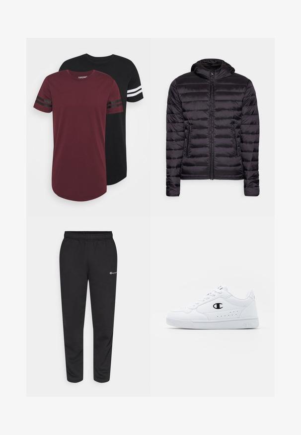 Svart lett dunjakke med hette, med glidelås og horisontale sømmer. Glatt tekstur, to side lommer.; To crewneck t-skjorter; en bordeaux med svarte striper på ermene, en svart med hvite striper. Myk stoff, ledig passform, rund nederkant.; svarte sweatpants laget av en bomullsblanding, med elastisk midjebånd og en liten hvit logo på venstre side. Tapered ben design.; Hvite atletiske joggesko med en glatt syntetisk overdel, svart logo-akcent og perforerte detaljer på siden. Gummisåle.