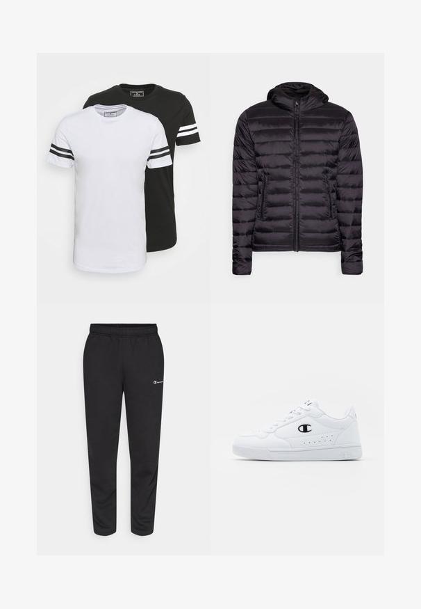 Schwarze, leichte Steppjacke mit Kapuze, mit einem Reißverschluss und horizontalem Steppmuster. Glatte Textur, zwei Seitentaschen.; Zwei Rundhals-T-Shirts, eines weiß mit schwarzen Streifen an den Ärmeln, das andere schwarz mit weißen Streifen, aus weichem Baumwollstoff.; Schwarze Sweatpants aus Baumwollmischung, mit elastischem Bund und einem kleinen weißen Logo auf der linken Seite. Schmal zulaufendes Bein.; Weißes sportliches Sneakerpaar mit glattem, synthetischen Obermaterial, schwarzem Logo-Akzent und perforierten Details an der Seite. Gummisohle.