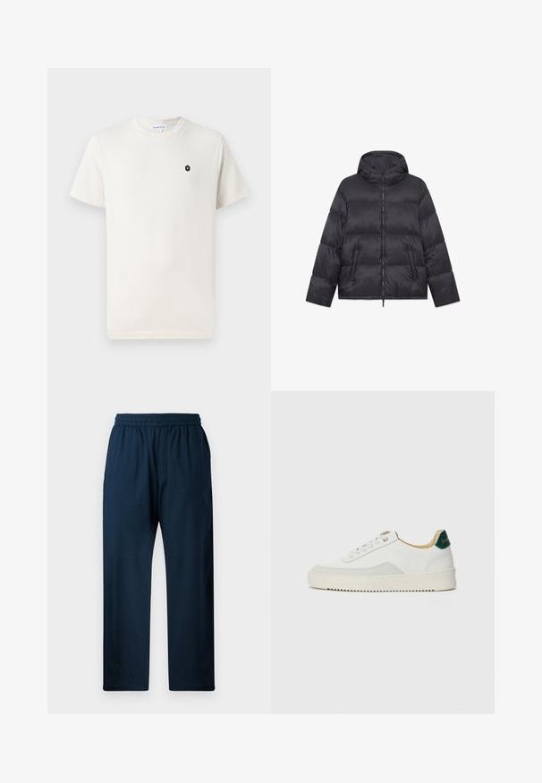 Puffjacka i svart nylon, med huva, dragkedjestängning och två framfickor med quiltat mönster och texturerad, vadderad yta.; Krämfärgad bomulls t-shirt med korta ärmar, rund halsringning och en liten svart hexagonlogotyp på vänster bröstområde. Slät textur.; Marinblå byxor i bomullsblandning med elastisk midja, rak bendesign, sidofickor och en mjuk textur.; Vit sneaker med mockadetaljer, rund tå, platta snören och en krämfärgad gummisula. Har grön branding på hälen.