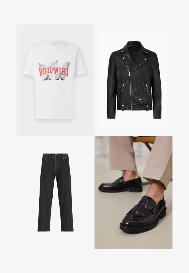 Black leather motorcycle jacket with a classic collar, diagonal front zipper, silver hardware, and zippered side pockets. Smooth texture.; Black knit zip collar sweater with a textured design, featuring a front zip closure and ribbed cuffs and hem.; White t-shirt made of cotton, featuring a bold graphic print in red and black with the text "WOOD WOOD," set against a clean backdrop.; Black denim jeans with a straight leg design, featuring a zip fly, belt loops, and six pockets, made from a sturdy cotton blend fabric.; Black leather loafers with a smooth finish, featuring a decorative strap and contrast stitching, paired with beige trousers.