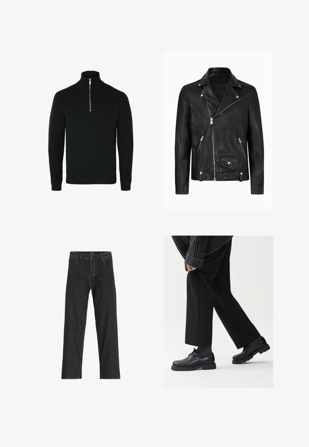 Chaqueta de motocicleta de cuero negra con un cuello clásico, cremallera diagonal en la parte delantera, herrajes plateados y bolsillos laterales con cremallera. Textura suave.; Suéter negro de punto con cuello con cremallera y diseño texturizado, que cuenta con un cierre frontal de cremallera y puños y dobladillo acanalados.; Jeans de mezclilla negra con un diseño de pierna recta, que cuentan con una bragueta con cremallera, pasadores para cinturón y seis bolsillos, fabricados en una resistente mezcla de algodón.; Zapatos de cuero negro con punta redondeada, diseño de cordones y suela gruesa y texturizada. Combinados con pantalones negros a medida y un suéter acanalado.