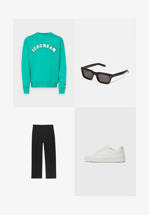 Fekete bőrmotoros dzseki klasszikus gallérral, ferde elülső cipzárral, ezüst színű fém kiegészítőkkel és cipzáras oldalzsebekkel. Simább textúrával.; Törökzöld pulóver kerek nyakkal, amelyen a "JÉGKRÉM" felirat fehér és zöld színekben a mellrészen, valamint barna jégkrém grafika található az ujjon.; Fekete nadrág egyenes szárú kialakítással, sima anyagból készült. Elöl redők és egy gombos záródás található a derékon.; Fehér bőr sportcipő sima felülettel, kerek orral, lapos fűzőkkel és texturált talppal. Finom logó található a sarokon.; Fekete téglalap alakú napszemüveg sötét lencsékkel, vastag műanyag keret, arany díszítések a szárakon, és a márka logója gravírozva a szára.