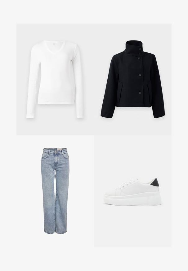 Chaqueta de lana negra con un alto cuello, que presenta un cierre de doble botón, dos bolsillos laterales y una silueta entallada.; Camisa blanca de manga larga, con escote en V, corte ajustado, exhibida plana sobre un fondo blanco.; Jeans de pernera ancha en azul claro, elaborados en denim, con cintura alta, diseño de cinco bolsillos y un ligero desvanecimiento que les da un aspecto usado.; Zapatillas de plataforma blancas hechas de material sintético suave, con punta redondeada, diseño de cordones y suela de goma texturizada. Acento en el talón negro.