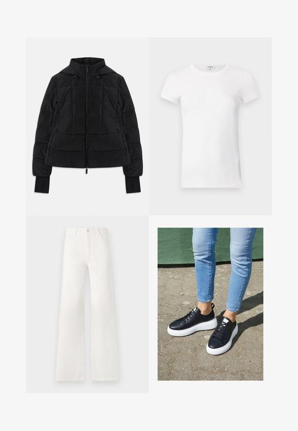 Mustapintainen tikattu takki hupun kanssa, etuvetoketju, säädettävät nyörit ja peukalonrei'illä varustetut pitkät hihat.; Valkoinen ribattu lyhythihainen T-paita pyöreällä kaula-aukolla. Kangas näyttää sileältä ja istuvalta. Brändilogo näkyvissä kauluksessa.; Valkoiset, korkeavyötäröiset ja leveälahkeiset farkut, jotka on valmistettu denimkankaasta. Ominaisuuksiin kuuluu napp closure, kaksi etutaskua ja sivusaumojen ompeluyksityiskohdat.; Mustat nahkakengät valkoisilla kumipohjilla, joissa on sileä pinta, pyöreä kärki ja litteät nauhat. Yhdistetty vaaleansinisiin farkkuihin.