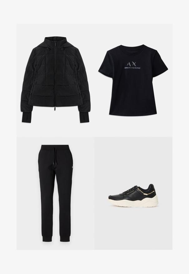 Schwarze gestepptejacke mit Kapuze, Frontreißverschluss, verstellbaren Kordeln und Daumenlöchern an den langen Ärmeln.; Schwarzes T-Shirt mit kurzen Ärmeln und Rundhalsausschnitt. Mit "AX"-Logo und "ARMANI EXCHANGE"-Text in kontrastierendem Weiß und metallischen Akzenten. Weicher Stoff.; Schwarze Jogginghose aus weichem Stoff, mit einem elastischen Bund mit Kordelzug und schmal zulaufenden Beinen mit gerippten Bündchen. Kleines Logo-Detail.; Schwarze Ledersneaker mit einer klobigen cremefarbenen Sohle, goldfarbenen Kettenakzenten und schwarzen Schnürsenkeln. Glatte Textur mit geprägtem Branding an der Seite.