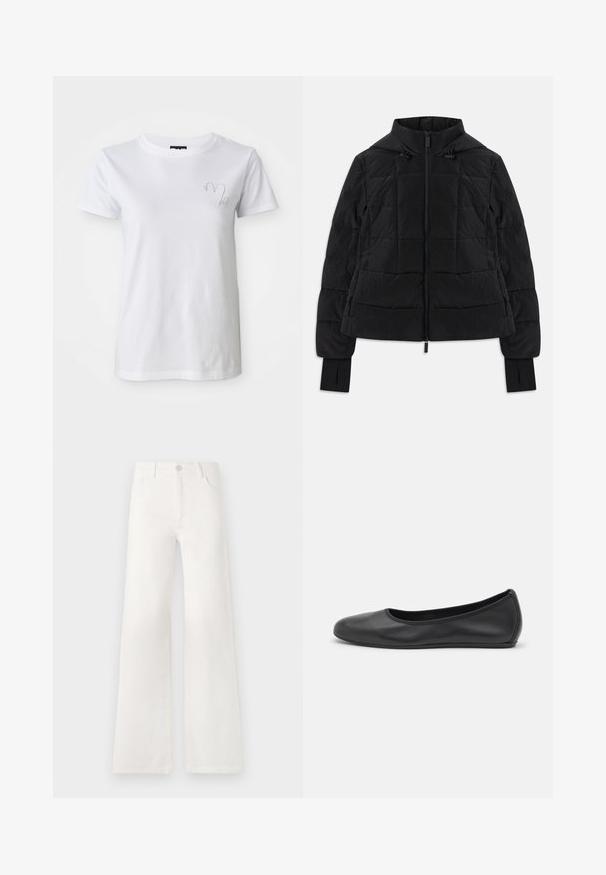 Melnā izšūtā jaka ar kapuci, priekšējo rāvējslēdzēju, regulējamiem aukliņiem un atverēm īkšķiem garajās piedurknēs.; Balta kokvilnas T-kreklā ar noapaļotu kaklu un īsām piedurknēm, ar nelielu, diskrētu izšuvumu kreisajā krūtīs.; Baltas, augsto jostasvietu platās kājas džinsi, izgatavoti no denima. Iekļauj pogu aizdari, divas priekšējās kabatas un sānu šuves ar šuvju detaļām.; Melna ādas baleta kurpe ar noapaļotu purngalu, gludu tekstūru, minimālu šuvju detalizāciju un elastīgu zoles dizainu.
