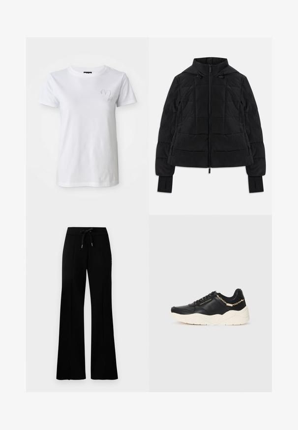 Giubbotto nero trapuntato con cappuccio, zip frontale, cordini regolabili e polsini con apertura per il pollice sulle maniche lunghe.; T-shirt bianco in cotone con collo tondo e maniche corte, caratterizzato da un piccolo e discreto design ricamato sul lato sinistro del petto.; Pantaloni della tuta neri a gamba ampia con cintura regolabile, dettagli con fessure laterali, tessuto morbido e design elegante.; Sneaker in pelle nera con suola spessa color crema, dettaglio in catena dorata e lacci neri. Texture liscia con logo impresso sul lato.