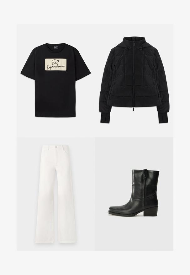 Mustapintainen tikattu takki hupun kanssa, etuvetoketju, säädettävät nyörit ja peukalonrei'illä varustetut pitkät hihat.; Mustalla puuvillaisella t-paidalla, jossa on suorakulmainen brändilogotunnus hakiirusilla värillä ja käsinkirjoitetun tyylinen teksti. Lyhyet hihat ja normaali istuvuus.; Valkoiset, korkeavyötäröiset ja leveälahkeiset farkut, jotka on valmistettu denimkankaasta. Ominaisuuksiin kuuluu napp closure, kaksi etutaskua ja sivusaumojen ompeluyksityiskohdat.; Musta nahkasaapas nilkkamittaisella varrella, pyöreällä kärjellä, lohkarekorolla, sivuvetoketjulla ja ompeluaksentilla varren yläosassa. Suora pinta, klassinen muotoilu.