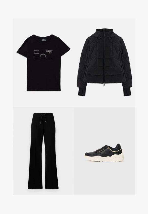 Juodas pūkuotas švarkas su kapišonu, priekinis užtrauktukas, reguliuojamos raišteliai ir pirštų angos ilguose rankovėse.; Juodas medvilninis marškinėliai trumpomis rankovėmis, su "EA7" logotipu, išsiuvinėjimu cirkoniais ir "EMPORIO ARMANI" tekstu kontrastingame dizaine.; Juodi platūs sportiniai kelnių su raišteliu liemeniu, šoninėmis įpjovomis, minkšta medžiaga ir elegantiškas dizainas.; Juodos odinės sportinės batai su storu kreminiu padu, auksinės spalvos grandinėlės akcentu ir juodais raišteliais. Lygi tekstūra su iškilniu logotipu šone.