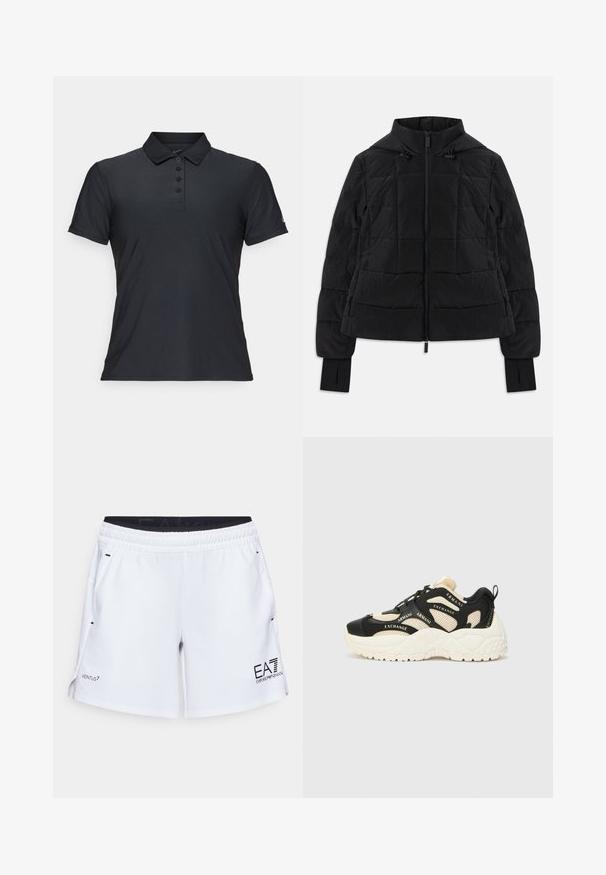 Casaco acolchoado preto com capuz, fecho à frente, cordões ajustáveis e punhos com orifícios para os polegares nas mangas longas.; Camisa polo preta feita de tecido liso, com colarinho clássico, pala de cinco botões e mangas curtas com um pequeno logotipo na manga.; Calções atléticos brancos com uma cintura elástica, bolsos laterais e branding preto. Apresentam uma textura suave e aberturas laterais para maior mobilidade.; Sneakers pretos e creme com uma sola texturizada, painéis em malha e detalhes em texto da marca. Bico redondo e design de atacadores. Lingueta ajustável.