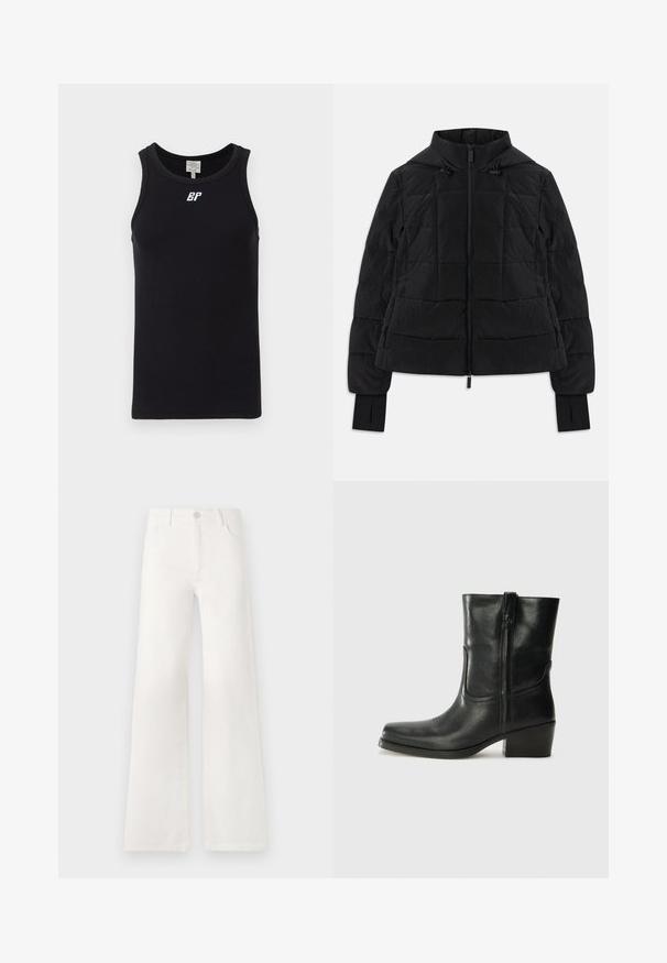 Black quilted jacket with hood, front zipper, adjustable drawstrings, and thumb-hole cuffs on long sleeves.; Black sleeveless tank top made of ribbed fabric, featuring a round neckline and a white logo on the chest. Simple design with no patterns.; White, high-waisted wide-leg jeans made of denim. Features a button closure, two front pockets, and side seams with stitching details.; Black leather ankle boot with a rounded toe, block heel, side zipper, and stitching accents on the vamp. Smooth texture, classic design.