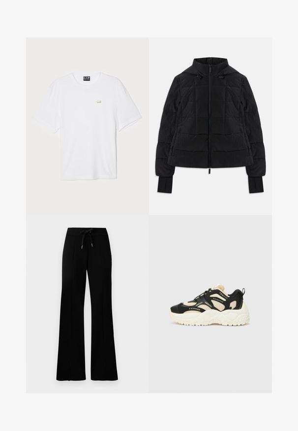 Black quilted jacket with hood, front zipper, adjustable drawstrings, and thumb-hole cuffs on long sleeves.; White cotton t-shirt with short sleeves, crew neckline, featuring a small gold EA7 logo on the left chest area.; Black wide-leg sweatpants with a drawstring waistband, side slit accents, soft fabric, and a sleek design.; Black and cream sneakers with a textured sole, mesh panels, and brand text accents. Round toe and lace-up design. Adjustable heel tab.