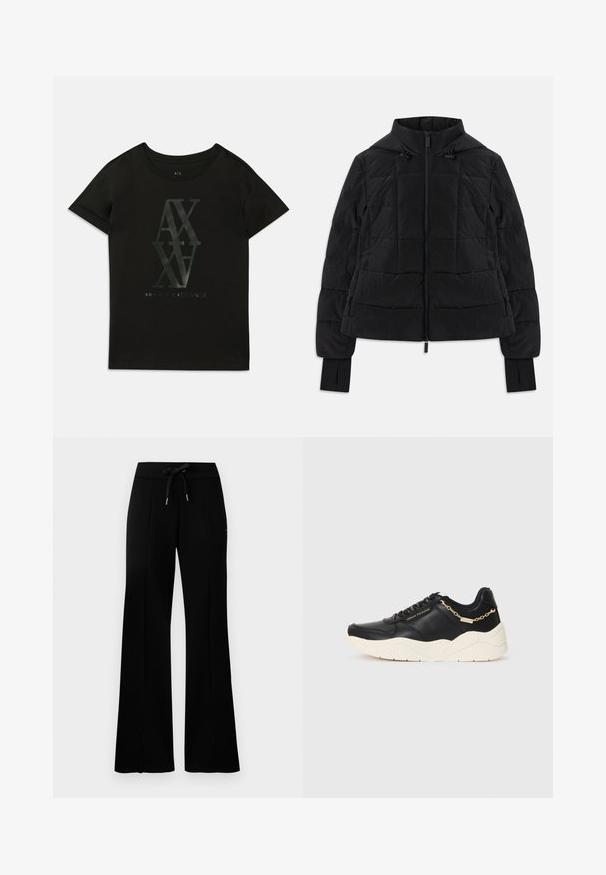 Čierna prešívaná bunda s kapucňou, predným zipsom, nastaviteľnými šnúrkami a manžetami s otvorom pre palec na dlhých rukávoch.; Čierne bavlnené tričko s krátkymi rukávmi. Na strede sa nachádza veľký lesklý potlač "AX" a "Armani Exchange" v kontrastných farbách.; Čierne široké tepláky s elastickým pásom a šnúrkou, bočnými rozparkami, mäkkou látkou a štýlovým dizajnom.; Čierne kožené tenisky s chunky krémovou podrážkou, zlatým reťazovým detailom a čiernymi šnúrkami. Hladký povrch s embosovaným logom na boku.